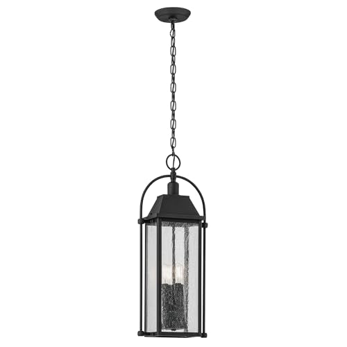 Kichler Harbor Row 4-Light Outdoor Hanging Light with Clear Seeded Glass in Textured Black for Exterior Doors, Covered Porches, Patios (25.75" x 6" x 10"), 49718BKT