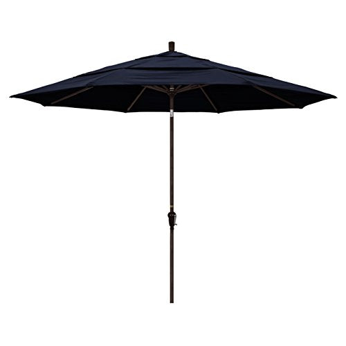California Umbrella 11' Round Aluminum Market Umbrella, Crank Lift, Auto Tilt, Bronze Pole, Navy Blue Olefin