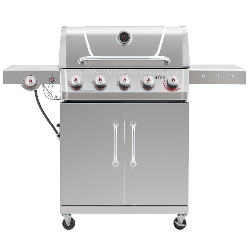 Feasto 5 Burner Propane Gas Grill with Side Burner and Sear Burner, Silver