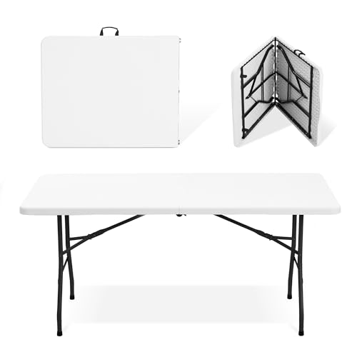 Real Relax 6 Ft Folding Table with Built in Handle & Steel Legs,Plastic Foldable Table, Heavy Duty Portable,Easy to Assemble,Utility for Party Dining, Wedding, Events, Picnic,8 Pack White