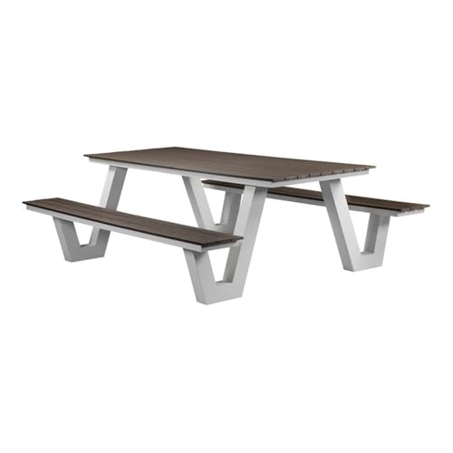 Pemberly Row Modern Aluminum Frame Outdoor Picnic Table, 86"W x 74"D x 30"H, Gray Finish, Durable Polyresin Slats, Rust-Proof Aluminum, Seats 10, Easy Assembly, Stylish Patio Dining Table for Outdoor