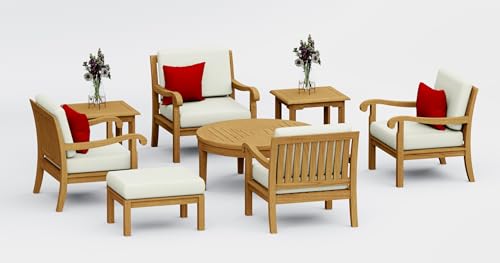 WholesaleTeak Teak Wood 8 Pc Lounge Chair Set: 4 Lounge Chairs, Ottoman, Round Coffee Table & 2 Side Tables with Cushions in Outdoor Fabric #5404 Canvas Natural