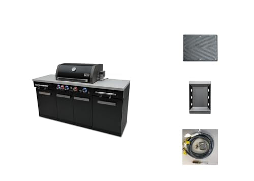 Mont Alpi Premium 70"W x 24"D Black Stainless Steel Outdoor Kitchen Island with 32"W 4-Burner BBQ Grill plus Accessory Bundle - Natural Gas Conversion Kit + Dual Sided Griddle Plate + Charcoal Tray