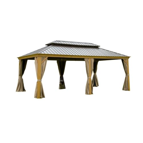 12' X 20' Hardtop Gazebo, Outdoor Pergola with Galvanized Steel Double Roof and Drainage System, All-Weather BBQ Canopy with Curtains and Netting, Suitable for Patio, Deck, Garden (12'X20' (Wood))
