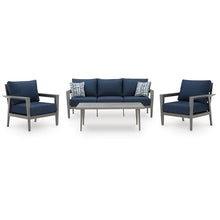 Signature Design by Ashley Gali Casual Nuvella Weather Resistant Fabric Outdoor Sofa/Chairs/Table Set with Cushion and Throw Pillows, Set of 4, Blue & Light Gray