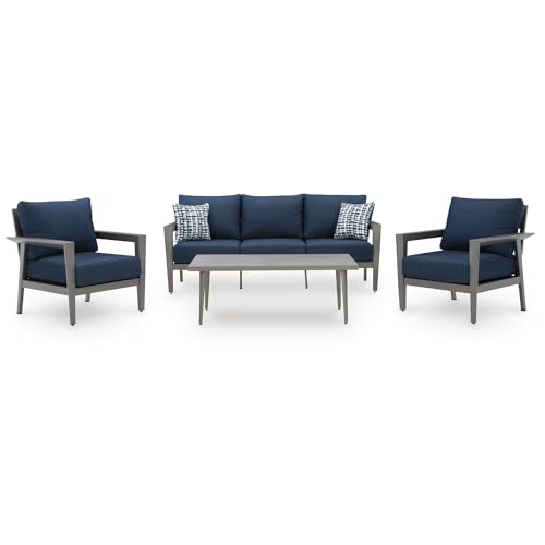 Signature Design by Ashley Gali Casual Nuvella Weather Resistant Fabric Outdoor Sofa/Chairs/Table Set with Cushion and Throw Pillows, Set of 4, Blue & Light Gray