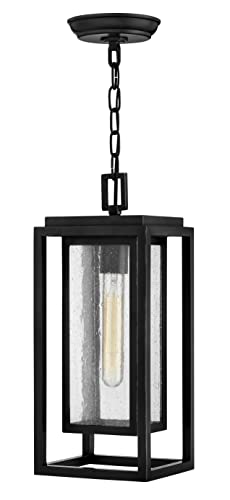 Hinkley Republic Medium Hanging Outdoor Lantern, Low Voltage, LED Included, Composite, Clear Seedy Glass Panes, Anti-Fading Finish, Black Finish