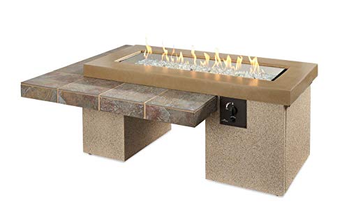 Outdoor GreatRoom Co Propane Fire Pit Table - Uptown Gas Fire Pits for Outside Patio 80,000 BTU - Concrete Firepit Fire Table with Tile & Glass Tabletop Cover, Clear Gems, Stucco Base - Brown