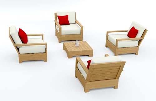 WholesaleTeakFurniture Leveb 5 Piece Teak Wood Lounge Chair Set: 4 Lounge Chairs & Side Table with Cushions in Outdoor Sunbrella Fabric #5404 Canvas Natural
