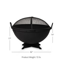 Ash & Ember 32in Hemisphere Fire Pit with Screen and Poker, Cast Iron High-Temperature Black Paint Fire Bowl, Wood Burning Backyard Fireplace, Portable Outdoor Firepit