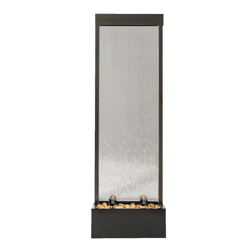 XBrand 68 in H Freestanding Modern Indoor/Outdoor Waterfall Fountain w/Decorative Rocks, LED Lights & Auto-Shut Off Pump, Aluminum/Clear Glass, Black