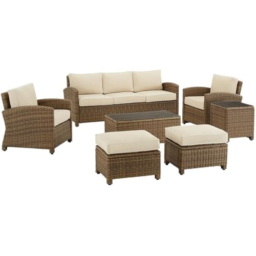 Afuera Living 7-Piece Outdoor Sofa Set, Resin Wicker and Fabric, Sand/Brown Finish, Steel Frame, Includes Sofa, Coffee Table, Side Table, 2 Armchairs, 2 Ottomans, Weatherproof Patio Furniture for 7