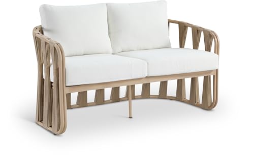 Meridian Furniture 55005Cream-L San Pietro Collection Art Deco Outdoor Patio Loveseat with Rich Natural Finish Aluminum Teak, Water Resilient Olefin Fabric, 60.5" W x 33.5" D x 32" H, Cream