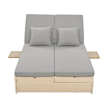 SRECELL Outdoor Double Sunbed, 2-Person Wicker Rattan Patio Daybed with Adjustable Backrest & Seat, Cushioned Reclining Chaise Lounge with Cup Trays for Backyard, Garden, Poolside,(Yellow + Gray)