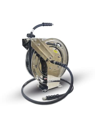 BluShield Pressure Washer Hose Reel with Aramid Braided Hose, 4100 PSi 6' Lead-in Hose, NPT, Lighter, Stronger, Flexible, 1-Year Warranty (3/8" x 50' Stainless Steel)