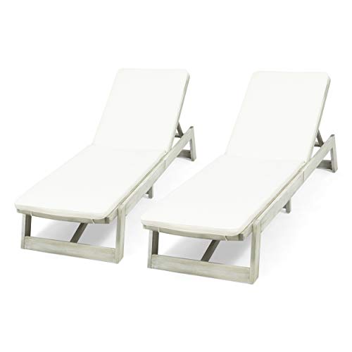 Christopher Knight Home Maki Outdoor Acacia Wood Chaise Lounge Set of 2 Weathered Gray + Gray + Cream