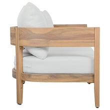 SAFAVIEH Outdoor - Theo 3-Seat Sofa - Oak & Ivory - Solid Wood with Cushion - Mid-Century Slatted Design - Ideal for Patio, Deck, Porch, Backyard, 15" Seat Height (PAT7092B)