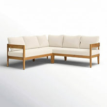 Merax Outdoor 80" Acacia Wood Curved Sectional 5-Seater Sofa, Patio V-Shaped Sofa Couch with Weather-Resistant Cushions for Porch, Lawn, Backyard, Balcony, Teak+ Beige