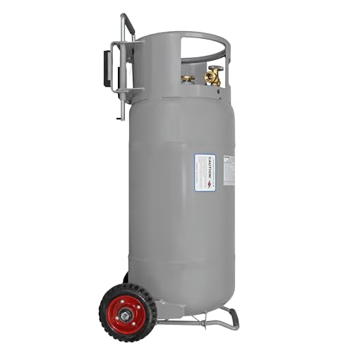Flame King 40LB Empty Propane Tank with Wheels, Horizontal & Vertical LP Cylinder with Built-in Gauge for Fire Tables, Fire Pits, Patio Heaters, Barbeques, Lunch Trucks, Weed Torches & Truck Campers