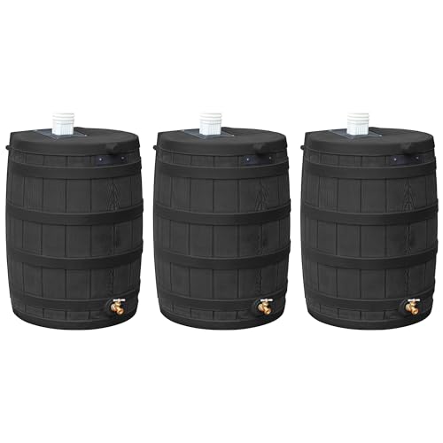 Good Ideas Rain Wizard 50 Gallon Plastic Outdoor Home Rain Barrel Water Storage Collector with Brass Spigot and Flat Back Design, Black (3 Pack)