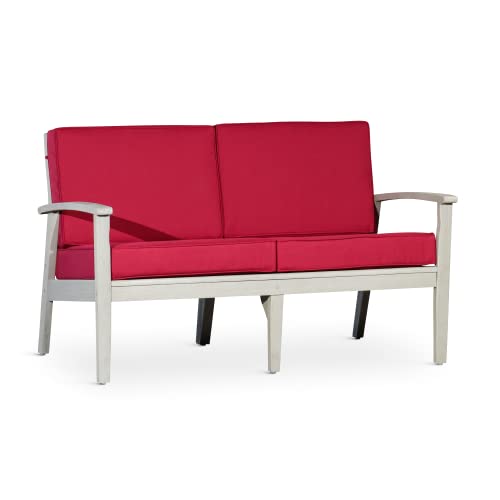 Eucalyptus Loveseat with Burgundy Cushions - Deep Seat Outdoor Furniture for Patio, Deck, or Garden - Driftwood Gray FSC Certified Eucalyptus Wood