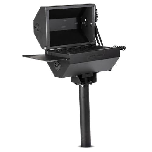 Ash & Ember Park-Style Grill/Smoker, 260 Sq In Charcoal Grill with Cover, 17.5"x11.5" Grate, Side Shelf for Food Prep, Single Post Permanent Park-Style Grill for Outdoor Backyard BBQ