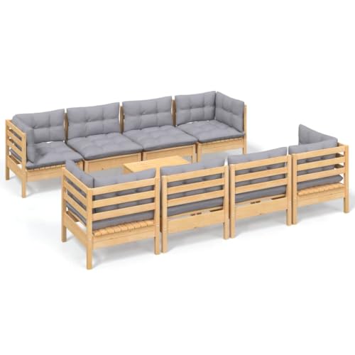 HKQWPBF 9 Piece Patio Lounge Set with Gray Cushions Solid Pinewood