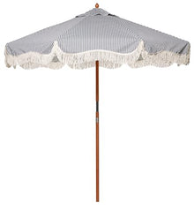 Business & Pleasure Co. Market Umbrella ~ 7' White Boho Fringe Outdoor Patio Umbrella, UPF 50+, 1.5" Wood Pole, 7’W x 8.5’H, Lauren's Navy Stripe