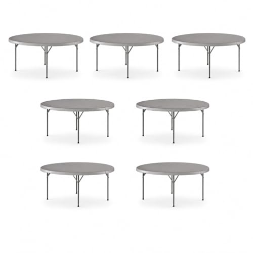 SHADOW TRADE 72 Inch Gray Round Folding Table, Heavy Duty Plastic Banquet Table with Gray Steel Legs, Blow Molded Portable Dining Table for Events, Parties, Catering, Indoor Outdoor Use (Set 7 Pack)
