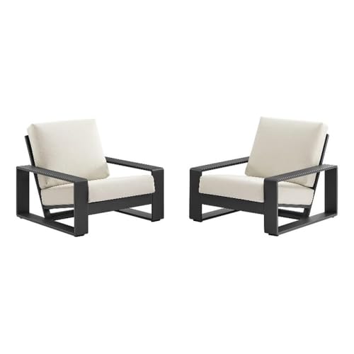 Modway Lirienne Aluminum Set of 2 Outdoor Armchairs in Cream – All-Weather Backyard Patio Accent Chairs with Weather-Resistant Fabric Cushions