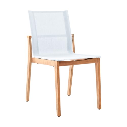 POVL Outdoor Menlo Teak Side Dining Chair — Pack of 6, Stackable Grade A Indonesian Teak & All-Weather Sling — Fully Assembled Mid-Century Modern Seating for Patio, Deck & Poolside (White)
