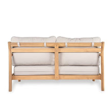 roomfitters Outdoor Wood Patio Loveseat Sofa, Modern Deep Seating 2 Seater Bench Couch with Cushions for Deck, Teak and Beige