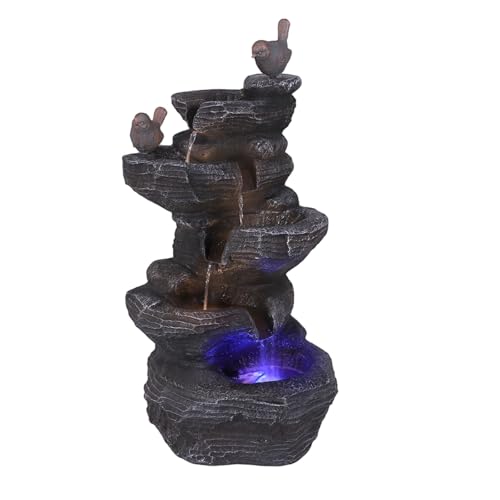 Outdoor 5-Tier Cascading Rock Water Fountain with LED Lights Resin Stone Imitation Waterfall Desktop Waterfall Fountain Relax Meditation Decor for Home Office
