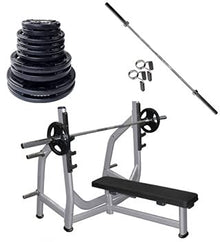 French Fitness Weight Plate Set w/ Olympic Bar 235 lbs + Bench Silver