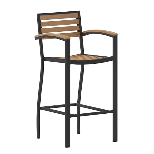 Flash Furniture Lark Commercial Grade Bar Height Stool with Arms, All-Weather Outdoor Bar Stool with Faux Wood Poly Resin Slats and Aluminum Frame, Teak