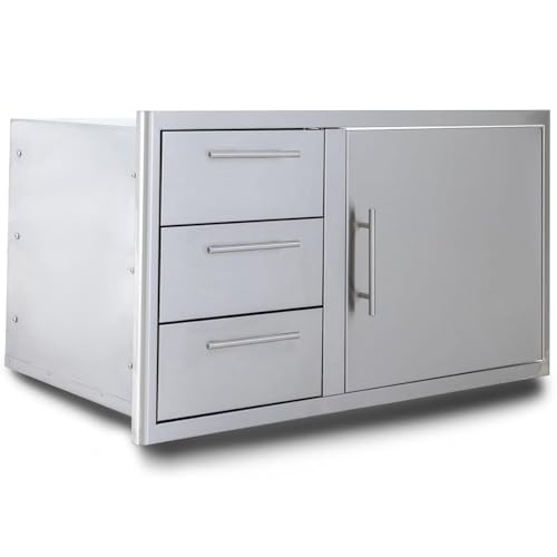 Blaze 39-Inch Stainless Steel Access Door & Triple Drawer Combo | Commercial-Grade 304 Stainless Steel | Soft-Close Hinges | Ambient Drawer Lighting | Curved Handles | BLZ-DDC-R-39-LTSC