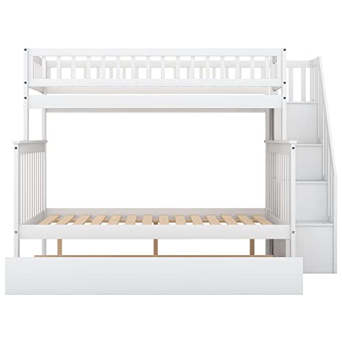 BOVZA Wooden Twin Over Full Bunk Bed with Trundle & Storage Staircase White