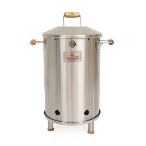 VOLCANO Mars Medium Barrel Grill – 100% Stainless Steel 304, 2-in-1 Grill and Smoker with Thermometer, Smoke Vent, and 12 Hooks – Holds Up to 30 Pounds of Meat (MMBG02)