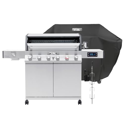 Monument Grills 6+1 Burner Smart Tech Propane Gas Grill with Cover and Rotisserie Kit, Denali 605Pro Stainless Steel Grill 78,000 BTU Outdoor Patio Barbecue Grill with Side Sear Burner, Knob Control