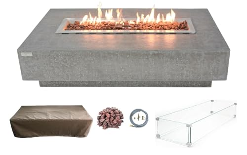 Elementi Hampton Gas Fire Pit Cast Concrete Fire Table, Outdoor Fire Pit Electronic Ignition | Canvas Cover, Lava Rock Included | Free AMS Wind Guard | Light Gray (Natural Gas)
