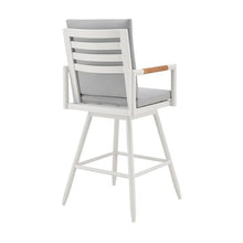 Armen Living Crown Outdoor Patio Swivel Counter Stool in White Aluminum with Wood Accent and Light Gray Cushions