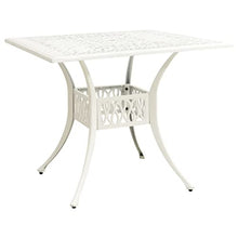 Fisinber 35.4 Inch Cast Aluminum Garden Table White Square Outdoor Dining Table with Decorative Inlays and Umbrella Hole Metal Patio Bistro Furniture for Porch Backyard Terrace