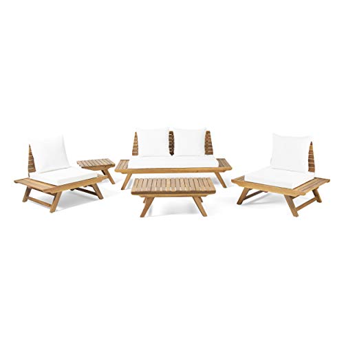 GDFStudio Outdoor Acacia Wood 4 Seater Chair Set with Side Table and Coffee Table, and White