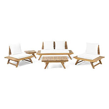 GDFStudio Outdoor Acacia Wood 4 Seater Chair Set with Side Table and Coffee Table, and White