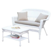 Jeco Wicker Patio Love Seat and Coffee Table Set with Tan Cushion White