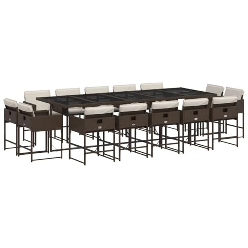 WXGTBKPR 15-Piece Outdoor Dining Set, 14 Seater Garden Table and Chairs with Washable Cushions, Rectangular Synthetic Poly Rattan Patio Furniture, Brown