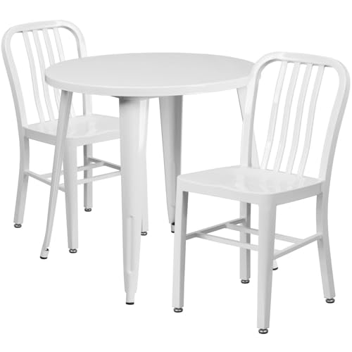 BOWERY HILL 3 Piece Round Metal Patio Dining Set, 30" Table and 2 Chairs, White Powder Coat Finish, Industrial Style, Indoor/Outdoor Use, Durable Commercial or Residential Dining Furniture Set