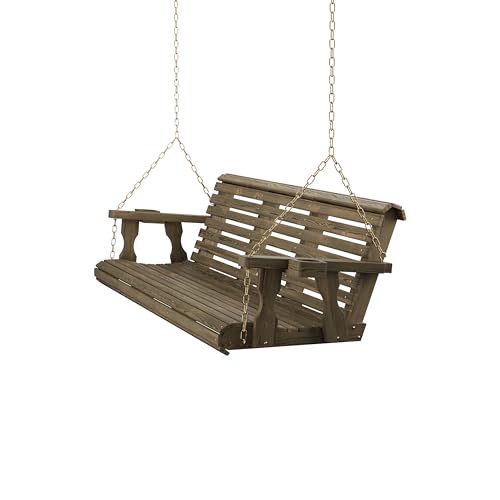 Amish Casual Heavy Duty 700 Lb Capacity Porch Swing with Cup Holders (6 Foot, Dark Walnut Stain) – Wooden Outdoor Roll Back Swing with Hanging Chains – Amish Made in the USA