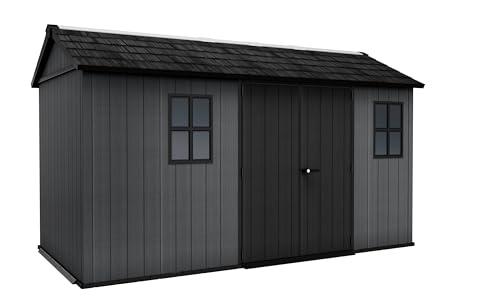 Keter Newton Plus 7.5x13 Ft All-Weather Storage Shed with Skylight, Window, Built-in Ventilation, Customizable Walls, & Lockable Double Doors, Graphite