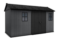Keter Newton Plus 7.5x13 Ft All-Weather Storage Shed with Skylight, Window, Built-in Ventilation, Customizable Walls, & Lockable Double Doors, Graphite